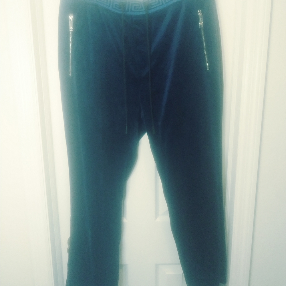 Manzini Men's Blue Velour Jogging Pants with Greco Key Design Waistband XL